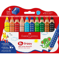 Coffret Faber-Castell Grippy avec 10 crayons de couleur épais, mine tendre XXL + taille-crayon - Forme triangulaire avec grip -