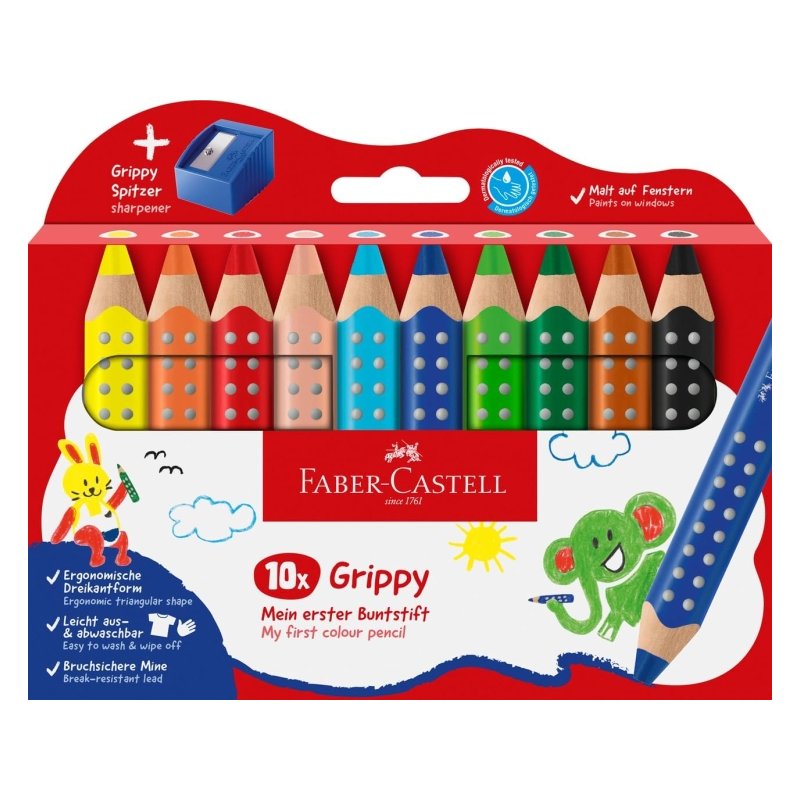Coffret Faber-Castell Grippy avec 10 crayons de couleur épais, mine tendre XXL + taille-crayon - Forme triangulaire avec grip -