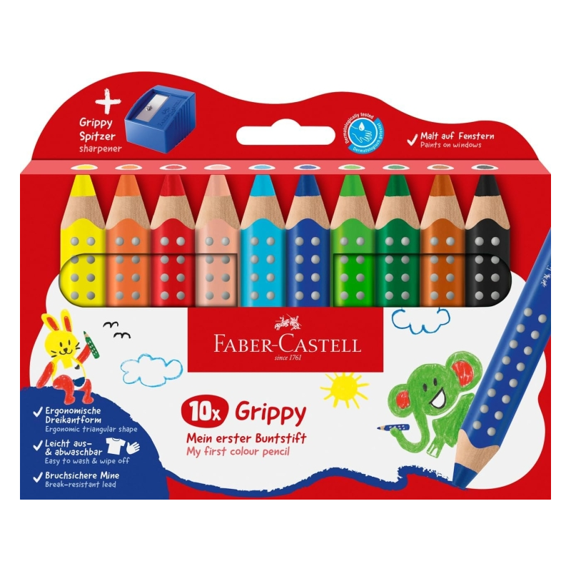 Coffret Faber-Castell Grippy avec 10 crayons de couleur épais, mine tendre XXL + taille-crayon - Forme triangulaire avec grip -
