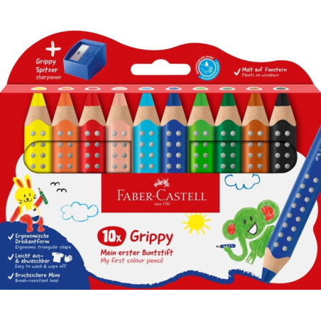 Coffret Faber-Castell Grippy avec 10 crayons de couleur épais, mine tendre XXL + taille-crayon - Forme triangulaire avec grip -