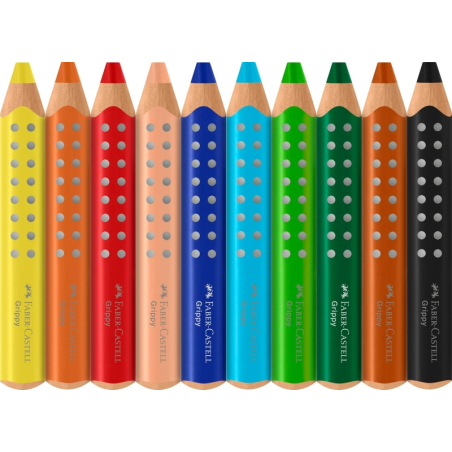 Coffret Faber-Castell Grippy avec 10 crayons de couleur épais, mine tendre XXL + taille-crayon - Forme triangulaire avec grip -