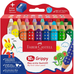 Coffret Faber-Castell Grippy avec 16 crayons de couleur épais, mine tendre XXL + taille-crayon - Forme triangulaire avec grip -
