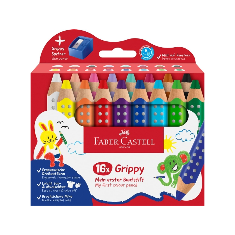 Coffret Faber-Castell Grippy avec 16 crayons de couleur épais, mine tendre XXL + taille-crayon - Forme triangulaire avec grip -