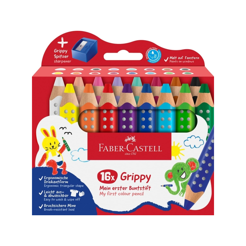 Coffret Faber-Castell Grippy avec 16 crayons de couleur épais, mine tendre XXL + taille-crayon - Forme triangulaire avec grip -