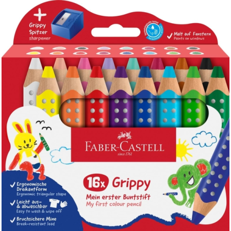 Coffret Faber-Castell Grippy avec 16 crayons de couleur épais, mine tendre XXL + taille-crayon - Forme triangulaire avec grip -