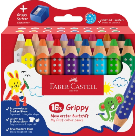 Coffret Faber-Castell Grippy avec 16 crayons de couleur épais, mine tendre XXL + taille-crayon - Forme triangulaire avec grip -
