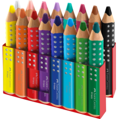 Coffret Faber-Castell Grippy avec 16 crayons de couleur épais, mine tendre XXL + taille-crayon - Forme triangulaire avec grip -