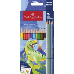 Coffret de 13 crayons de couleur hexagonaux Faber-Castell Édition Dinosaure - 10 couleurs classiques + 3 couleurs métalliques -
