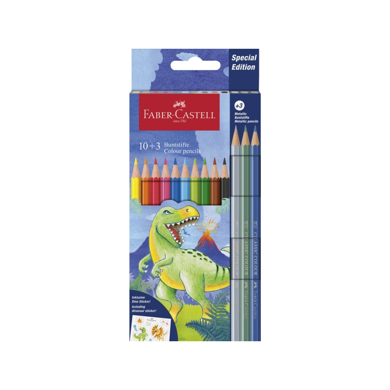 Coffret de 13 crayons de couleur hexagonaux Faber-Castell Édition Dinosaure - 10 couleurs classiques + 3 couleurs métalliques -