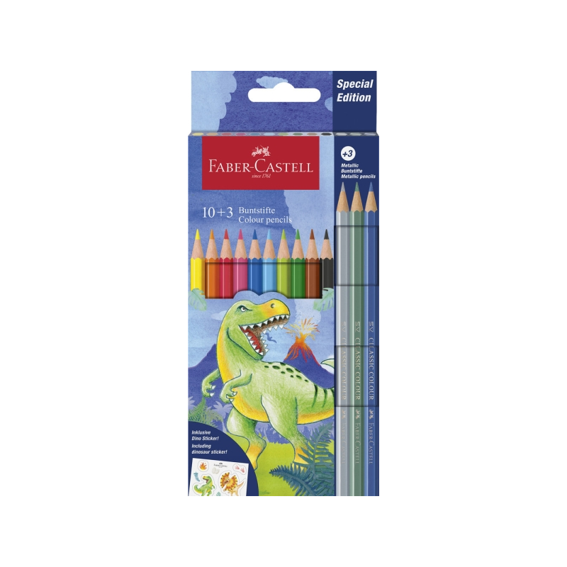 Coffret de 13 crayons de couleur hexagonaux Faber-Castell Édition Dinosaure - 10 couleurs classiques + 3 couleurs métalliques -