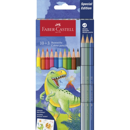 Coffret de 13 crayons de couleur hexagonaux Faber-Castell Édition Dinosaure - 10 couleurs classiques + 3 couleurs métalliques -