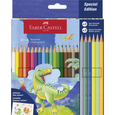 Crayons de couleur hexagonaux Faber-Castell Édition Dinosaure - 18 couleurs classiques + 3 couleurs fluo + 3 couleurs métallique