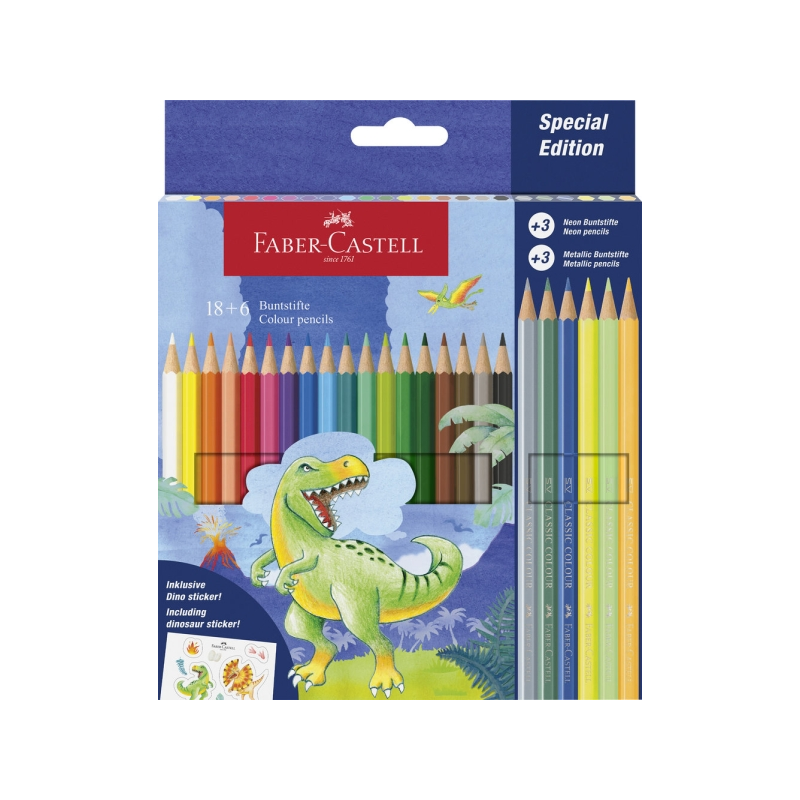 Crayons de couleur hexagonaux Faber-Castell Édition Dinosaure - 18 couleurs classiques + 3 couleurs fluo + 3 couleurs métallique