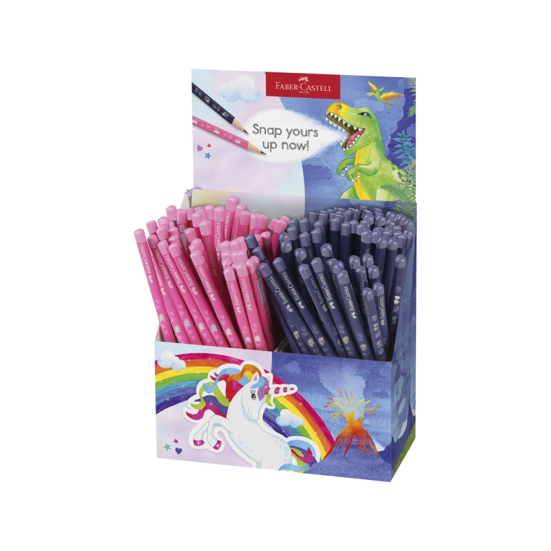 Présentoir de 144 crayons graphite HB Faber-Castell - Motifs dinosaures et licornes - Couleurs assorties