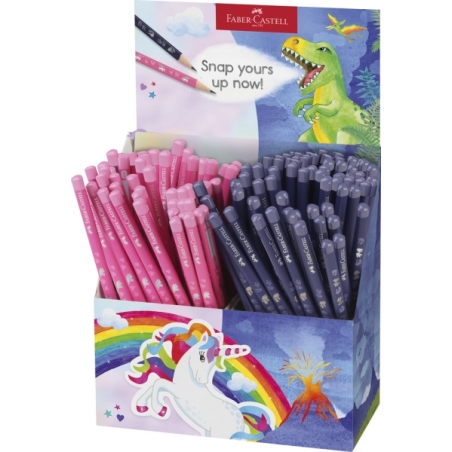 Présentoir de 144 crayons graphite HB Faber-Castell - Motifs dinosaures et licornes - Couleurs assorties