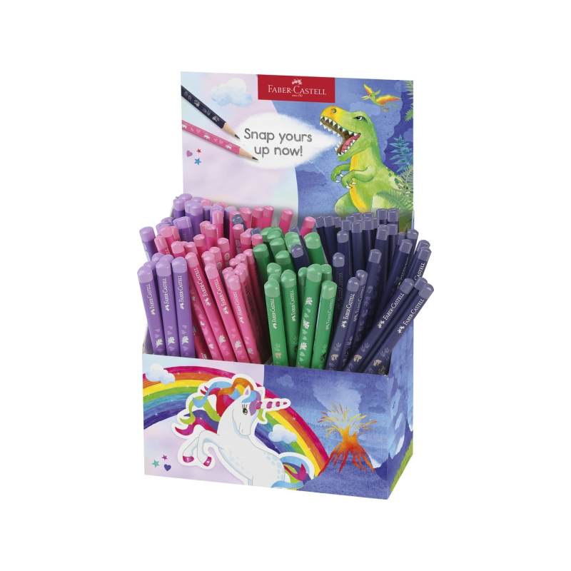 Présentoir de 120 crayons graphite HB Faber-Castell - Motifs dinosaures et licornes - Couleurs assorties