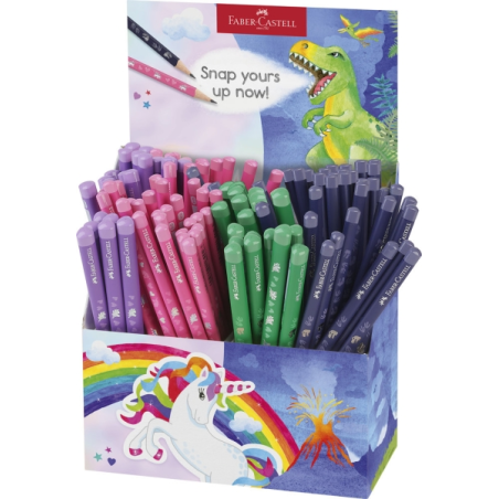 Présentoir de 120 crayons graphite HB Faber-Castell - Motifs dinosaures et licornes - Couleurs assorties