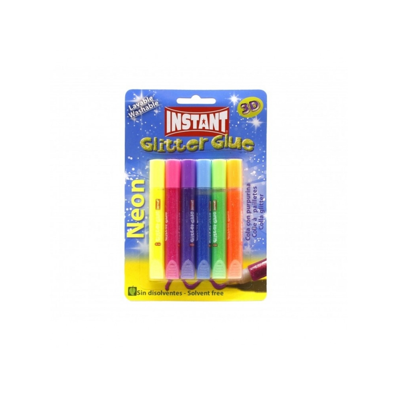 LOT de 6 Colle pailletée instantanée néon, lot de 6 tubes de 10,5 ml - Pour différentes surfaces - Sans solvant - Couleurs néon