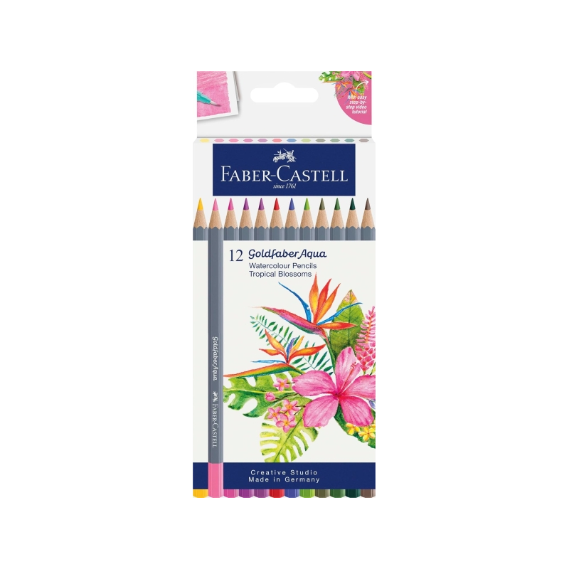 Coffret Faber-Castell Évasions Tropicales avec 12 crayons aquarelle Goldfaber - Mine de 3,3 mm - Application douce - Bois certif