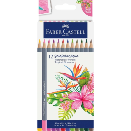 Coffret Faber-Castell Évasions Tropicales avec 12 crayons aquarelle Goldfaber - Mine de 3,3 mm - Application douce - Bois certif