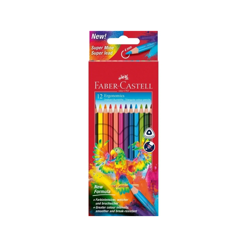 Crayons de couleur triangulaires ergonomiques Faber-Castell Super Mine Ergonomics, lot de 12 – Mine de 4 mm, résistants à la cas