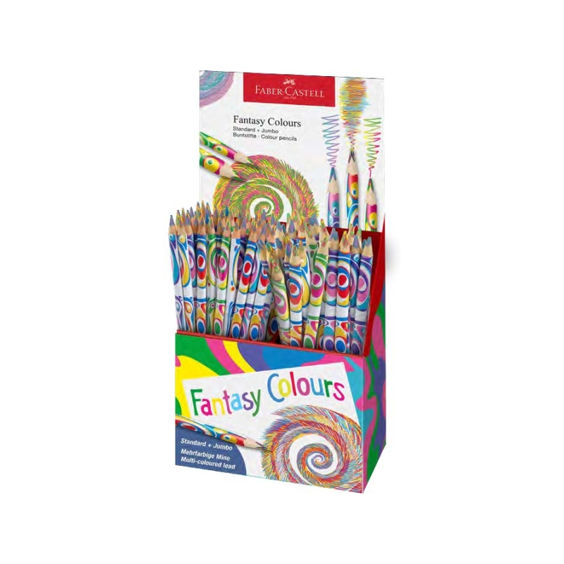 Présentoir Faber-Castell Fantasia avec 84 crayons de couleur - Modèles Standard et Jumbo - Corps triangulaire décoré - Bois issu