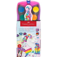 Pack de 12 godets d'aquarelle Faber-Castell Connector Unicorn + peinture blanche opaque + autocollants - Haute opacité - Facilem