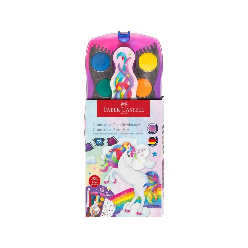 Pack de 12 godets d'aquarelle Faber-Castell Connector Unicorn + peinture blanche opaque + autocollants - Haute opacité - Facilem