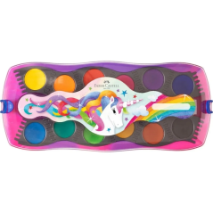 Pack de 12 godets d'aquarelle Faber-Castell Connector Unicorn + peinture blanche opaque + autocollants - Haute opacité - Facilem