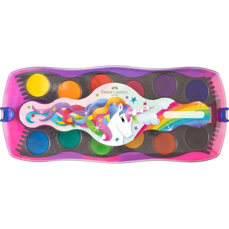 Pack de 12 godets d'aquarelle Faber-Castell Connector Unicorn + peinture blanche opaque + autocollants - Haute opacité - Facilem