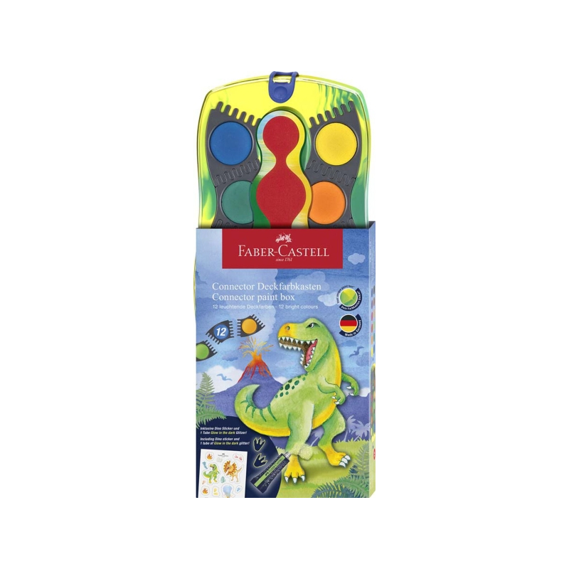 Pack de 12 godets d'aquarelle Faber-Castell Connector Dinosaur + peinture blanche opaque + autocollants - Haute opacité - Facile