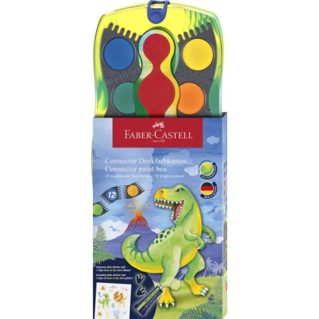 Pack de 12 godets d'aquarelle Faber-Castell Connector Dinosaur + peinture blanche opaque + autocollants - Haute opacité - Facile