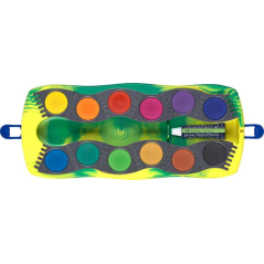 Pack de 12 godets d'aquarelle Faber-Castell Connector Dinosaur + peinture blanche opaque + autocollants - Haute opacité - Facile