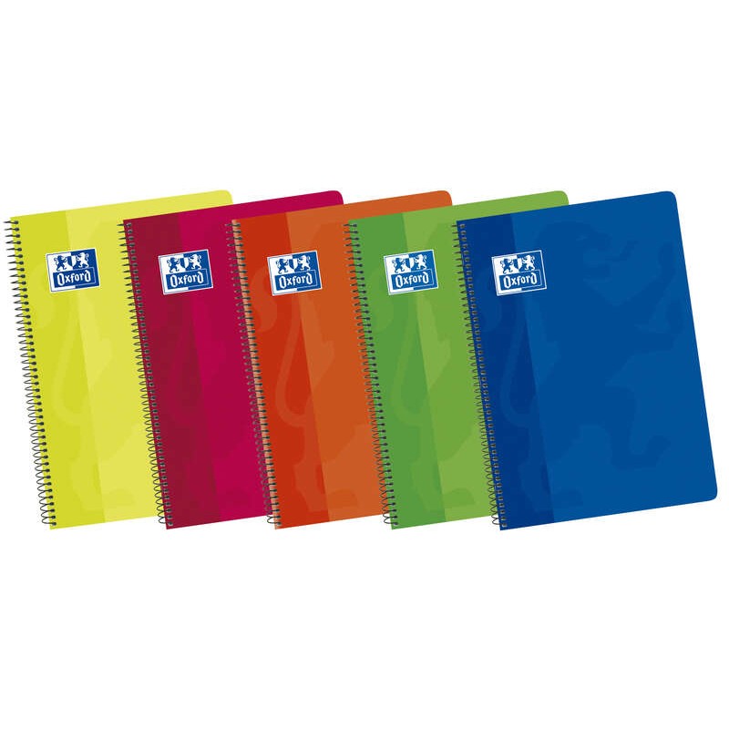 LOT de 5 Oxford School Classic Fº Cahier à spirales Couverture souple 4x4 - 80 feuilles - Couleurs vives - Marge 4x4 - Idéal