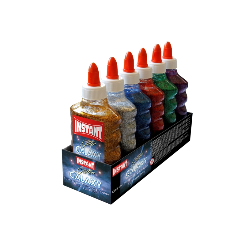 LOT de 6 Colle Galaxy Glitter Instantanée avec Paillettes 180 ml - Convient aux enfants et/ou à un usage domestique - Sans solva