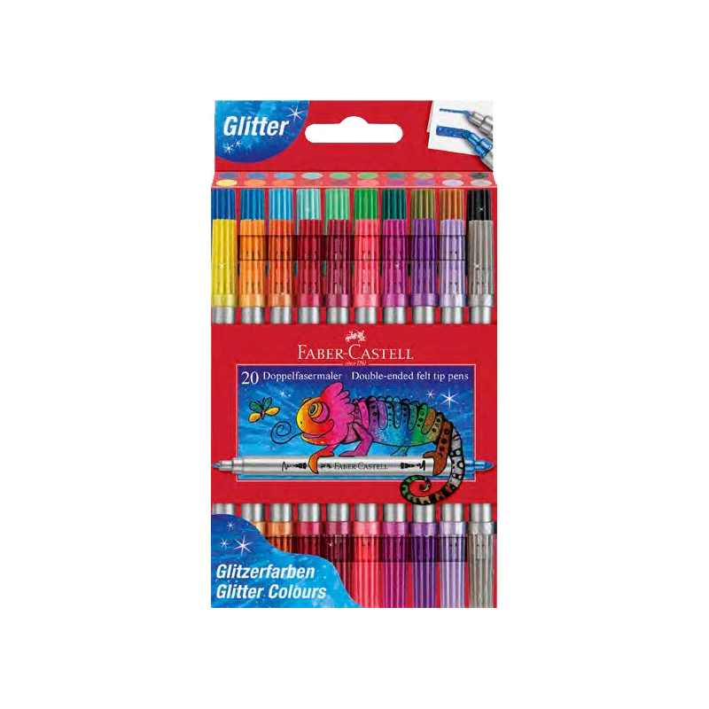 Coffret de 20 feutres à paillettes Faber-Castell à double pointe (fine et épaisse), encre à effet pailleté à base d'eau, couleur