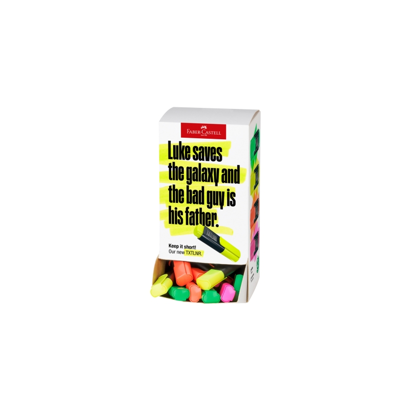 Présentoir Faber-Castell TXTLNR avec 60 marqueurs fluorescents - Pointe biseautée - Tracé entre 1, 2 et 5 mm - Encre à base d'ea