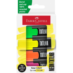 Lot de 4 marqueurs fluorescents Faber-Castell TXTLNR - Pointe biseautée - Tailles de trait 1, 2 et 5 mm - Encre à base d'eau - C