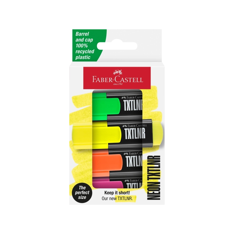 Lot de 4 marqueurs fluorescents Faber-Castell TXTLNR - Pointe biseautée - Tailles de trait 1, 2 et 5 mm - Encre à base d'eau - C