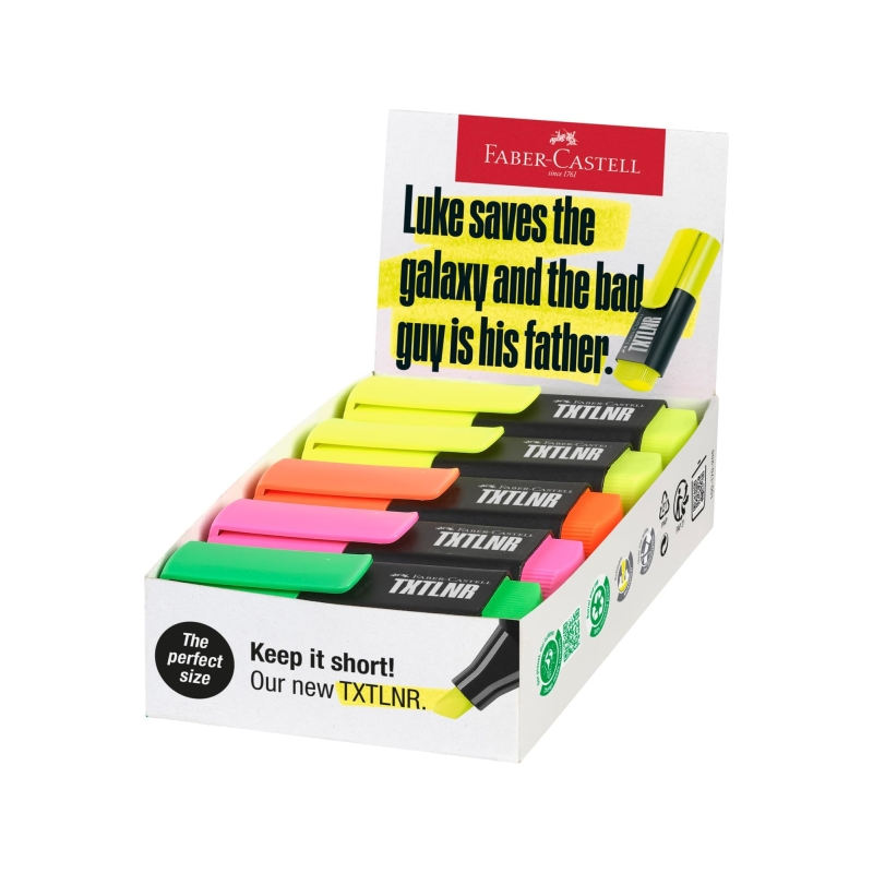 Faber-Castell TXTLNR Boîte de 10 marqueurs fluorescents - Pointe biseautée - Tracé entre 1, 2 et 5 mm - Encre à l'eau - Couleurs