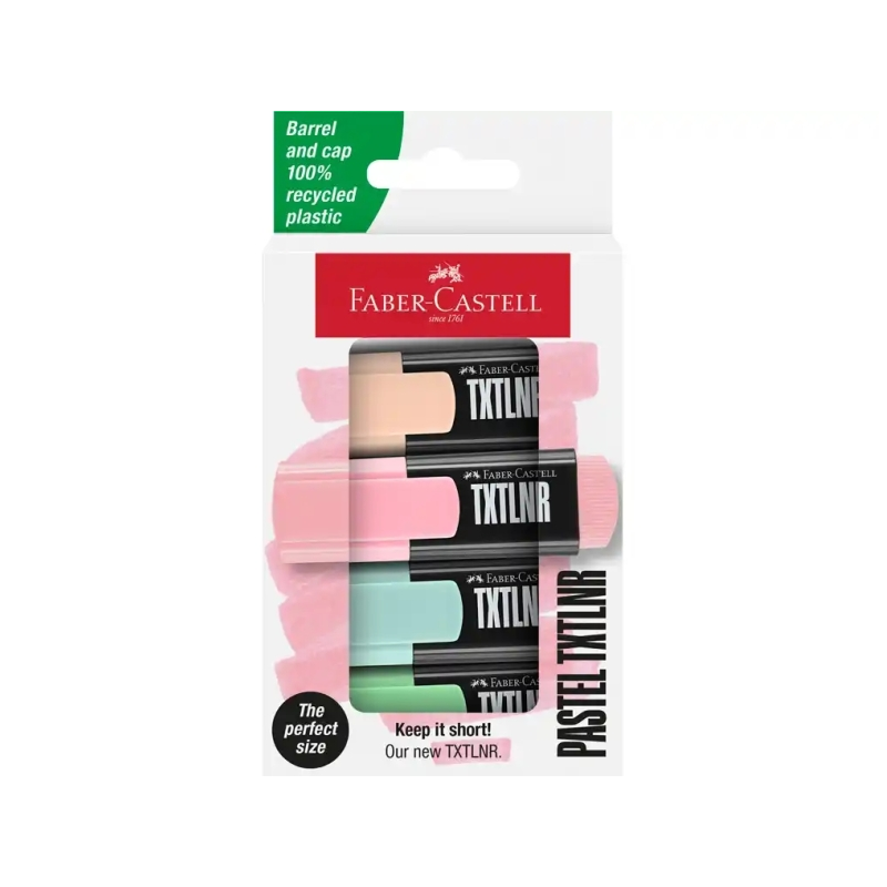 Lot de 4 marqueurs fluorescents Faber-Castell TXTLNR - Pointe biseautée - Tailles de trait 1, 2 et 5 mm - Encre à base d'eau - C