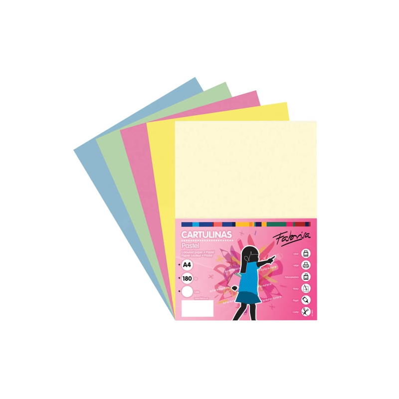 Paquet de 50 feuilles de papier cartonné Fabrisa 180 g/m² - Format A4 - Couleurs pastel assorties