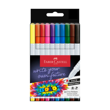 Lot de 10 feutres Faber-Castell Bold à pointe large (1 mm de largeur de trait), encre à base de colorant alimentaire, couleurs a