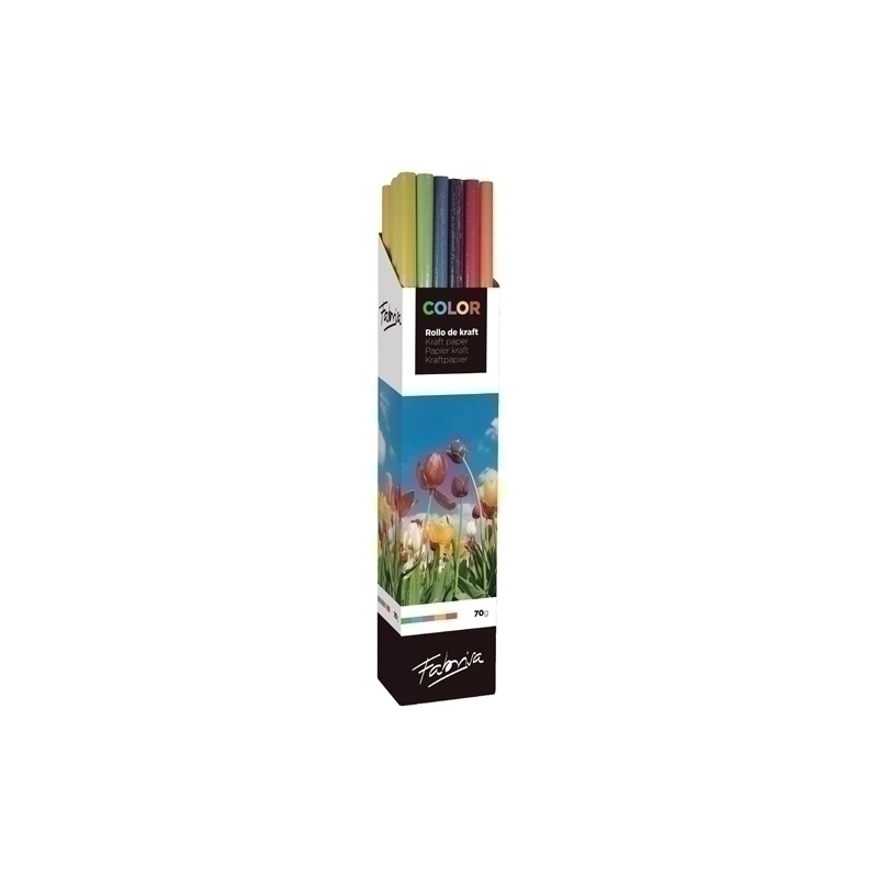 Fabrisa Présentoir de 20 Rouleaux de Papier Cadeau - Papier Kraft Vergé 70gr - Mesures du Rouleau 1x5m - Couleurs Assorties
