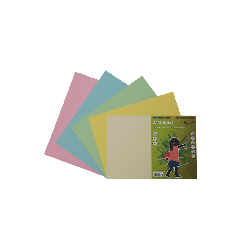 Paquet de 50 feuilles de papier cartonné Fabrisa 180 g/m² - Format A3 - Couleurs pastel assorties