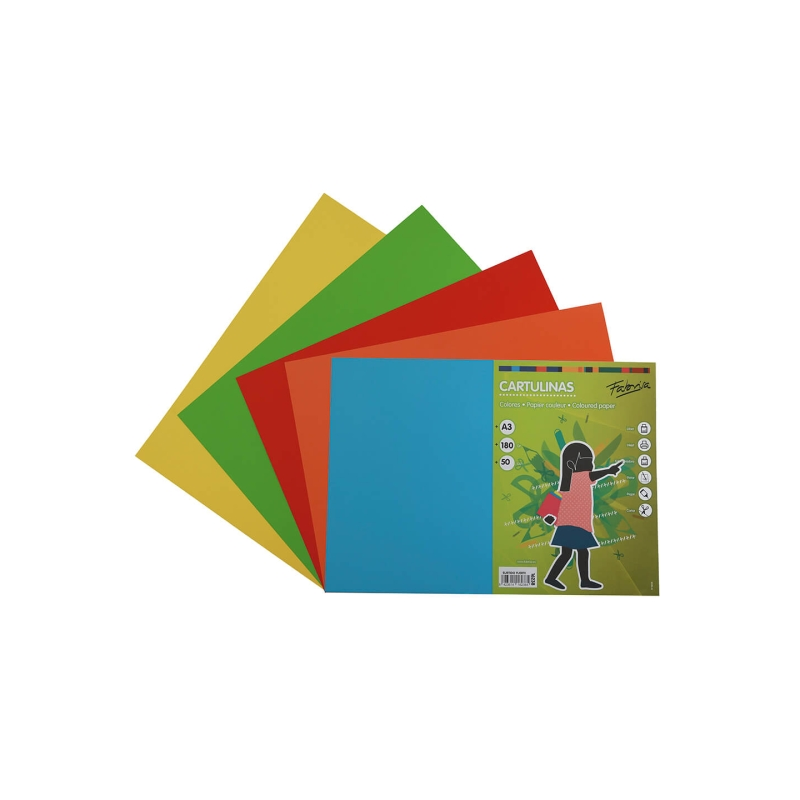 Paquet de 50 feuilles de papier cartonné Fabrisa 180 g/m² - Format A3 - Couleurs vives assorties