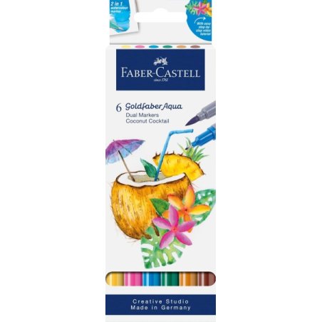 Coffret Faber-Castell Tropical Escapes avec 6 feutres Goldfaber à double pointe (pointe pinceau et pointe fine 0,6 mm), solubles