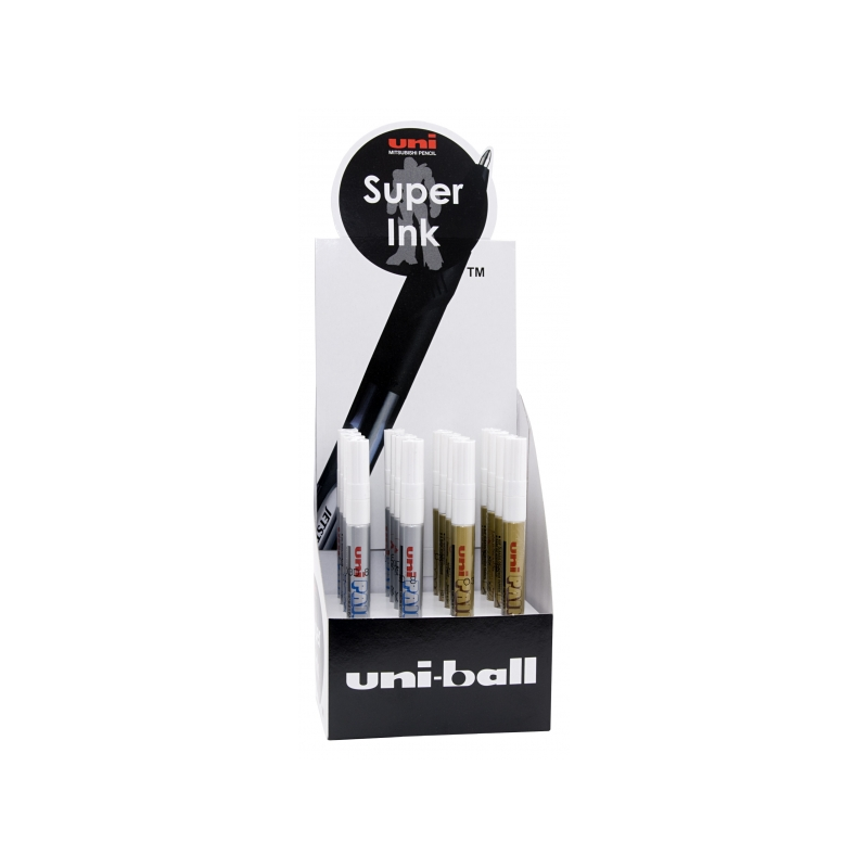 LOT de 16 Uni-ball PX-203/16PI Présentoir de 16 marqueurs de peinture - Pointe acrylique 1 mm - Permanent sur toutes les surface