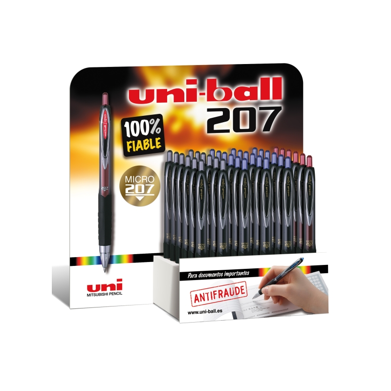 Présentoir Uni-ball UMN-207 avec 36 stylos - Pointe bille 0,7 mm - Grip en caoutchouc anti-fatigue - Encre pigmentée résistante