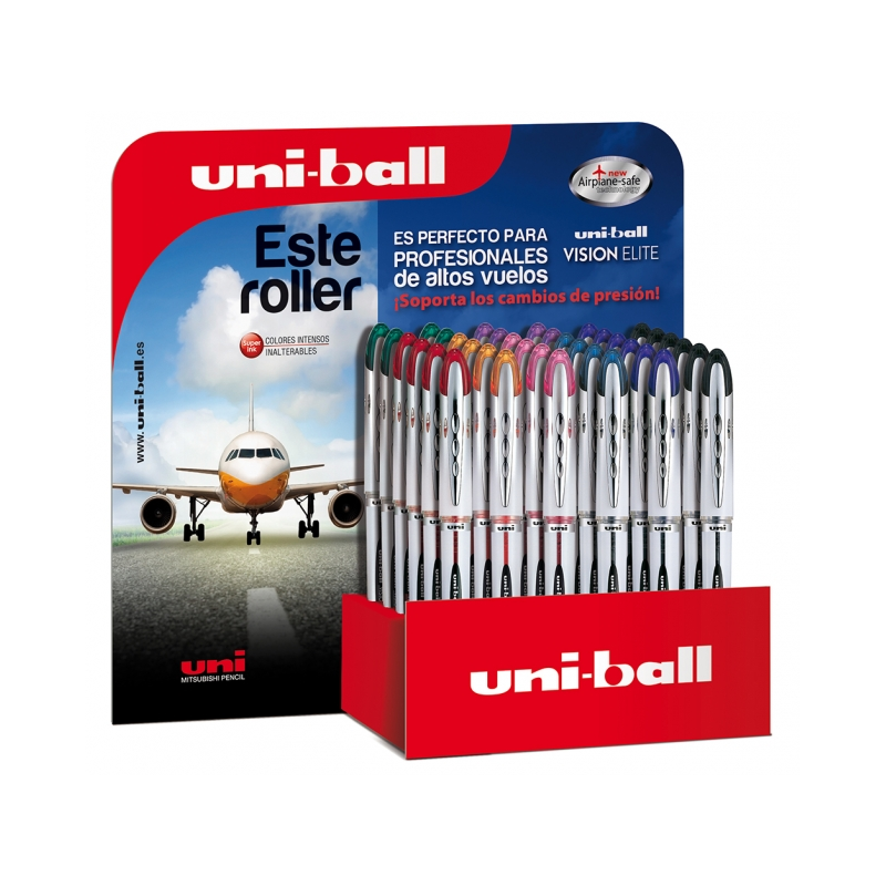 LOT de 36 Uni-ball Vision Elite UB-200 Présentoir de 36 Rollers à Encre Liquide - Pointe Bille 0,8 mm - Système Anti-Fuite pour